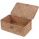 FEIALNDUO Wicker Shelf Baskets with Lid,Seagrass Storage Basket Bins Rectangular Handwoven Basket Boxes for Shelves Desktop Home Organizer (Coffee, Small)