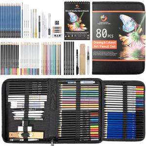 H & B 80-Pack Colored Sketching Art Pencil Set with 3-Color Sketchbook and Coloring Book - Includes Graphite, Watercolor, Metallic, and Oil-Based Colored Pencils