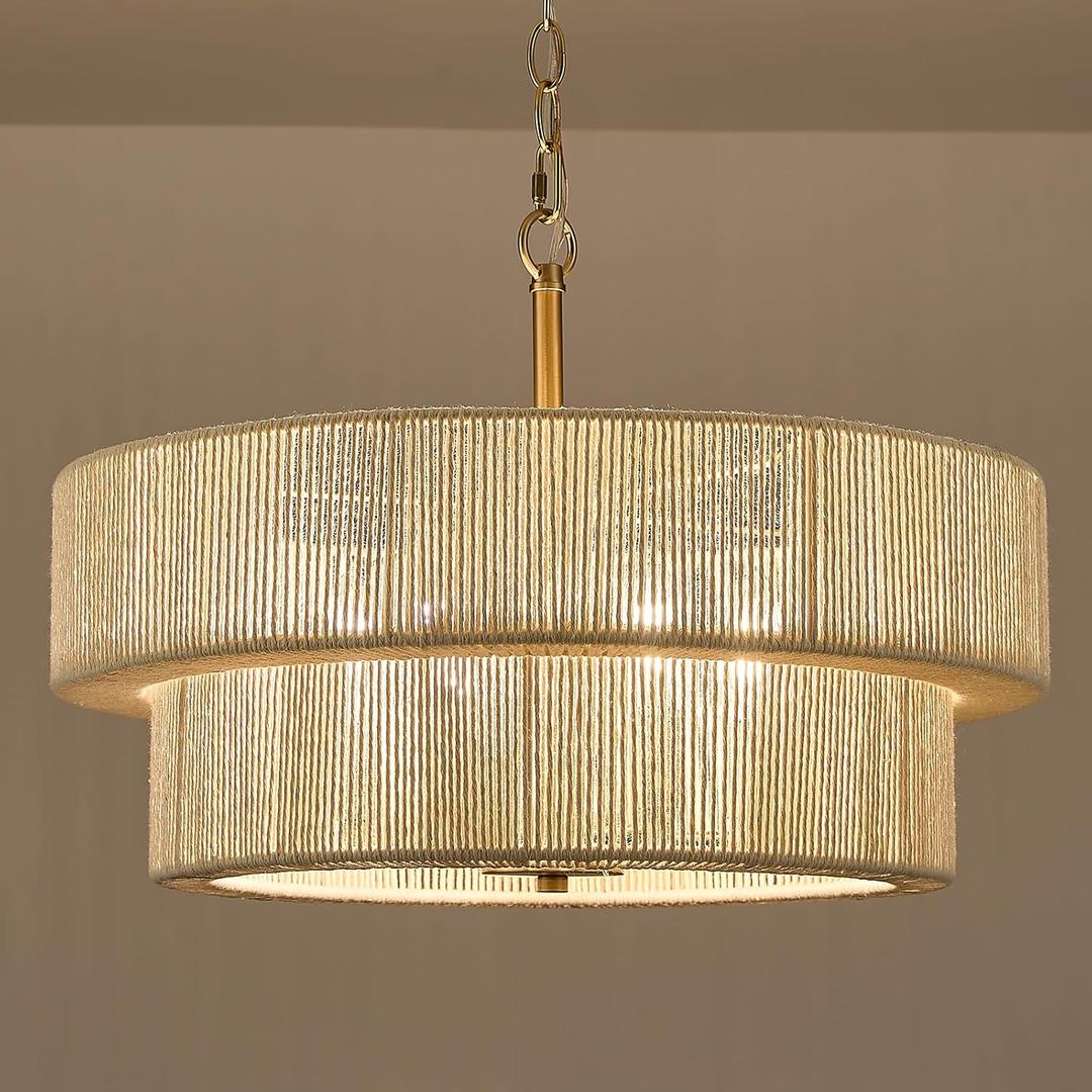 20" Boho Rattan Gold Chandelier Light Fixture, Hand Woven Coastal Adjustable Modern Hanging Farmhouse Pendant Light for Kitchen Island, Living Room, Dining Room, Bedroom, Entryway, UL Listed (6 Heads)