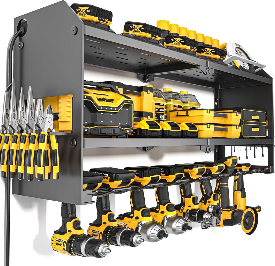 YYR Power Tool Organizer with Charging Station Wall Mount, Cordless Drill and Battery Holder for Garage Organization, Electric Tools Storage Rack Build in Surge Protection Power Strip - Black Shelf