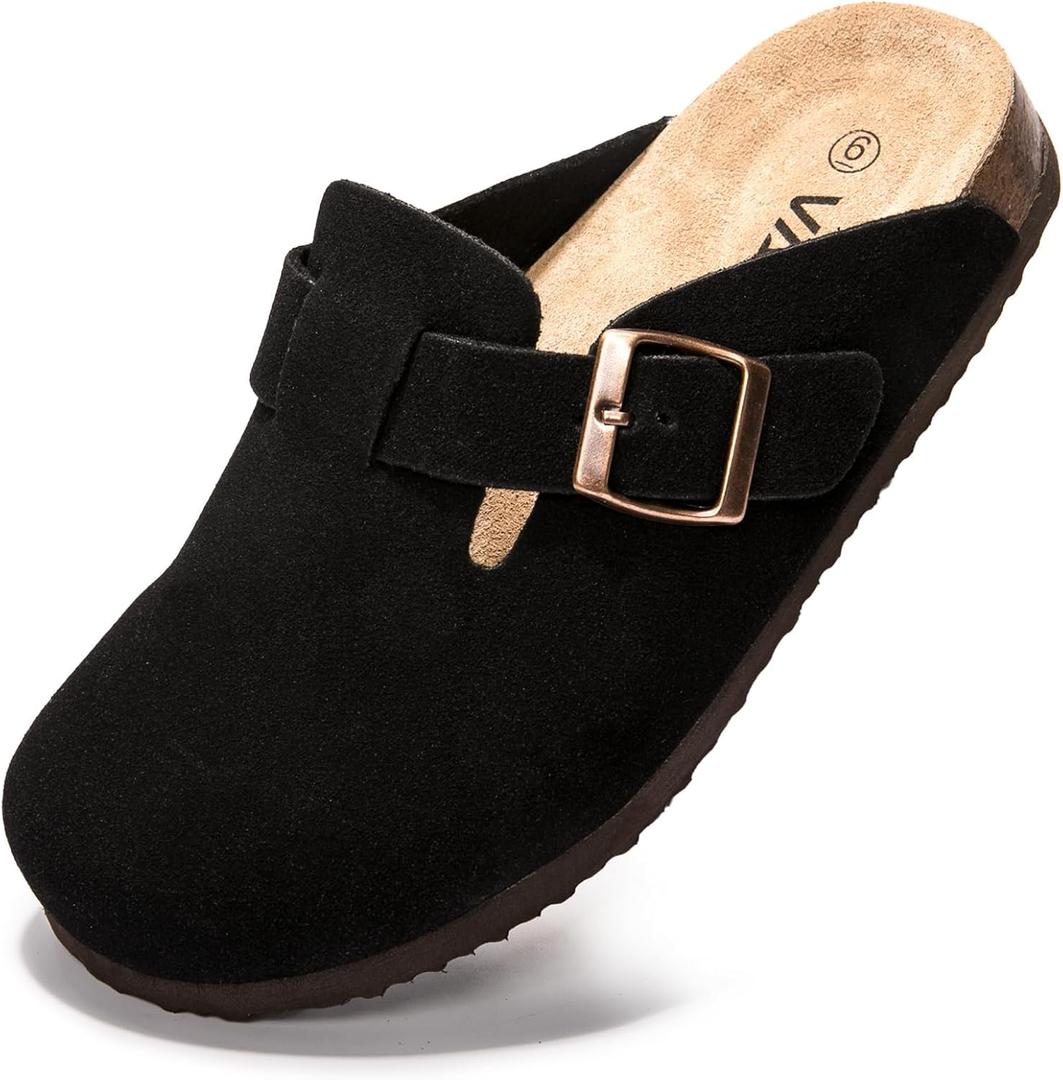 Suede Clogs Potato Shoes Cork Footbed Sandals Comfort Mules with Arch Support Slip On Slippers (7, Black)