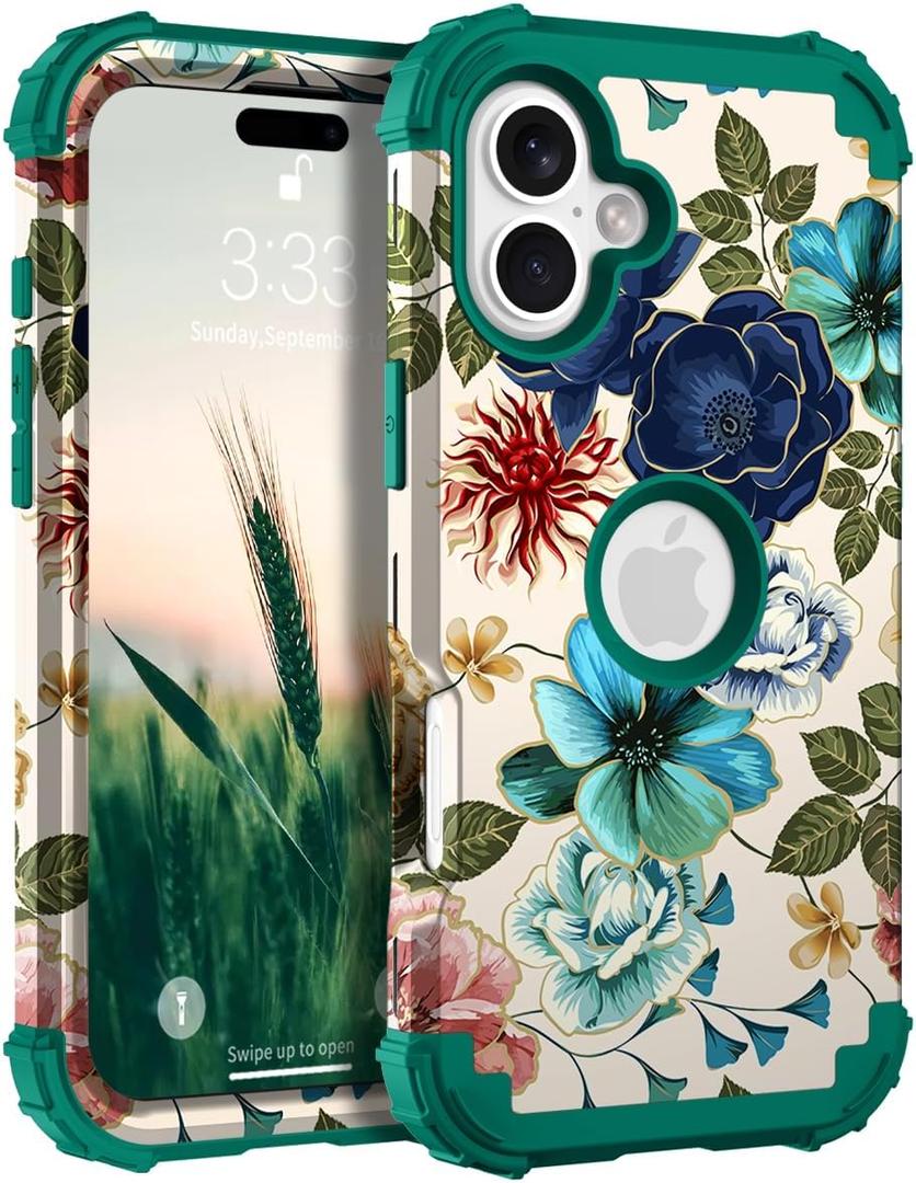 Hocase Heavy Duty Case for iPhone 17 6.3"", Teal Flowers