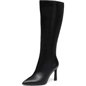 NEWBELLA Pointed Toe Knee High Boots for Women, Flared Heel, Stretch Suede, Tall Boot for Work, Party, Casual Wear (Black)