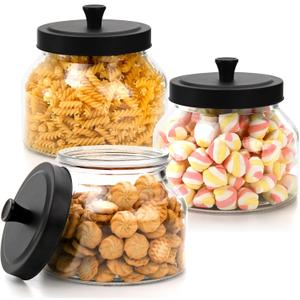AVLA Pack of 3 Glass Jars with Metal Lid, 58 OZ Clear Round Cookie Candy Jar, Food Storage Container with Black Lid, Empty Canister Set for Kitchen Counter, Pasta, Dog Treat, Snack