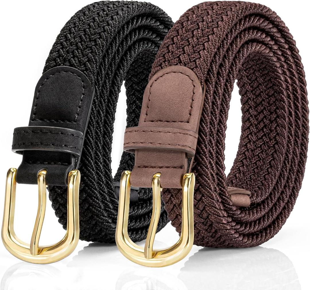2 Pack Braided Belt for Women, Elastic Woven Stretch Fabric Cloth Belt with Gold Buckle (Brown)