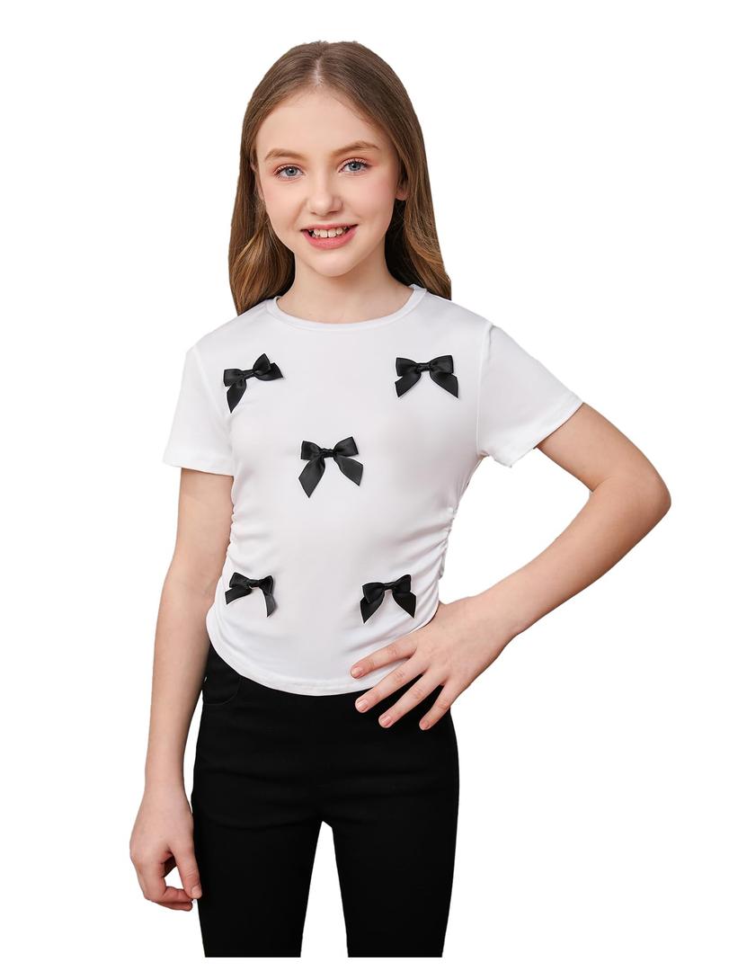 SweatyRocks Girl's Cherry Print Ruched T Shirt Short Sleeve Cute Tee Crop Tops White Bow 9 Years