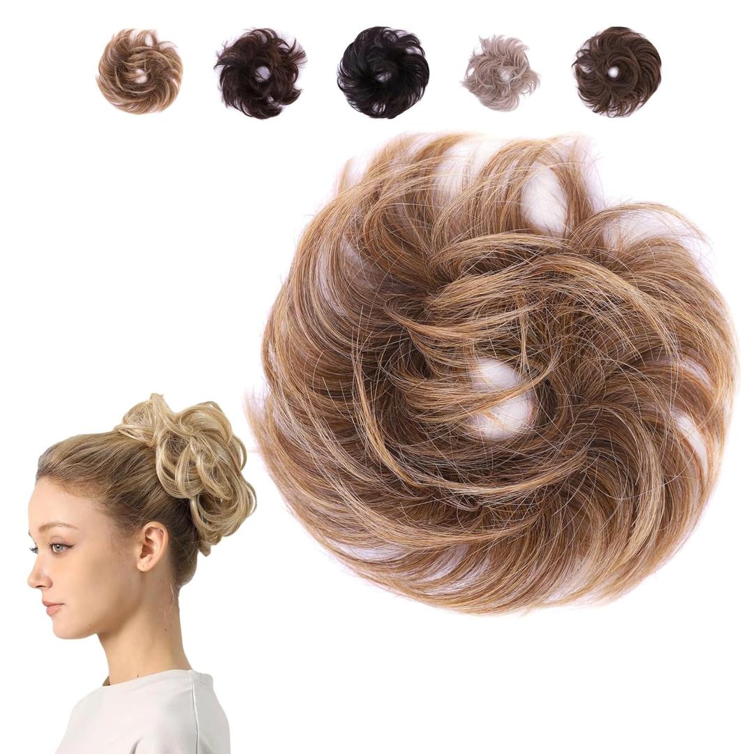 JUVABUN Small Messy Bun Hair Piece -Dark Blonde Messy Bun Hair Piece Human Hair, Hair buns hair piece Everyday Wear Washable & Realistic|Hair pieces for women Synthetic Hair Bun Scrunchie -Dark Blonde