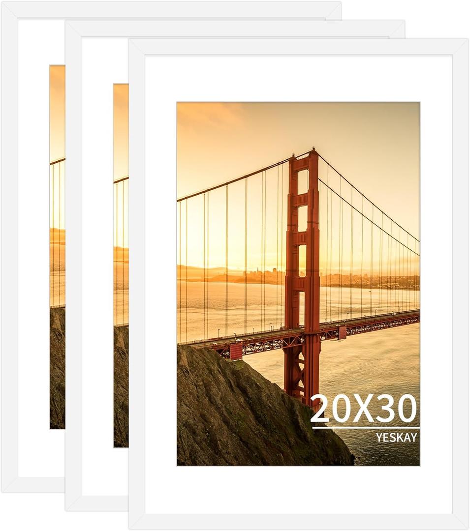 YESKAY 20x30 Picture Frame White Set of 3, Display Pictures 16x24 with Mat or 20 x 30 Without Mat, Poster Frames 20x30 for Wall Hanging Horizontal and Vertical