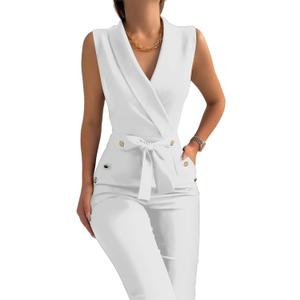 Women's Elegant Jumpsuits V Neck Sleeveless Straight Belted Long Pants Business Suits Set with Pockets, White M