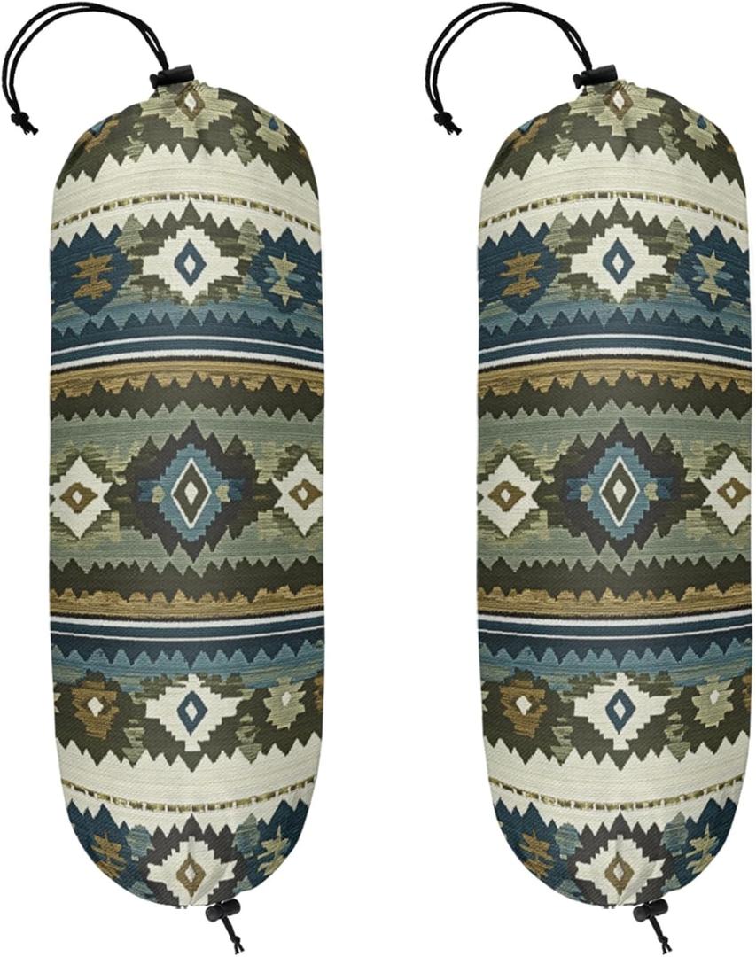 Boho Ethnic Stripes Plastic Bag Holder 2 Pcs Grocery Bag Organizer Reusable Trash Bags Organizer Wall Mount Washable Kitchen Dispenser Holders with Drawstring Closure