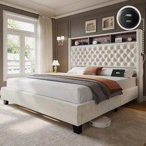 YITAHOME King Size Bed Frame with 58" Tall Headboard, Storage Headboard Bed with USB Charging Stations, Type-C Port, Velvet Upholstered Beds with Deep Button Tufted, No Box Spring Needed, Beige