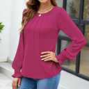 Funlingo Womens Long Sleeve Tops Fashion Fall Shirts Scoop Neck Pleated Ruffle Loose Tunic Tops Business Work Blouse (Pink, XS)