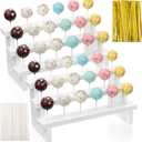 2Pcs Wood Cake Pop Stand Display Riser, 3-Tier White Lollipop Holder with 200 Twist Ties & 200 Sticks for Wedding Birthday Party Dessert Table