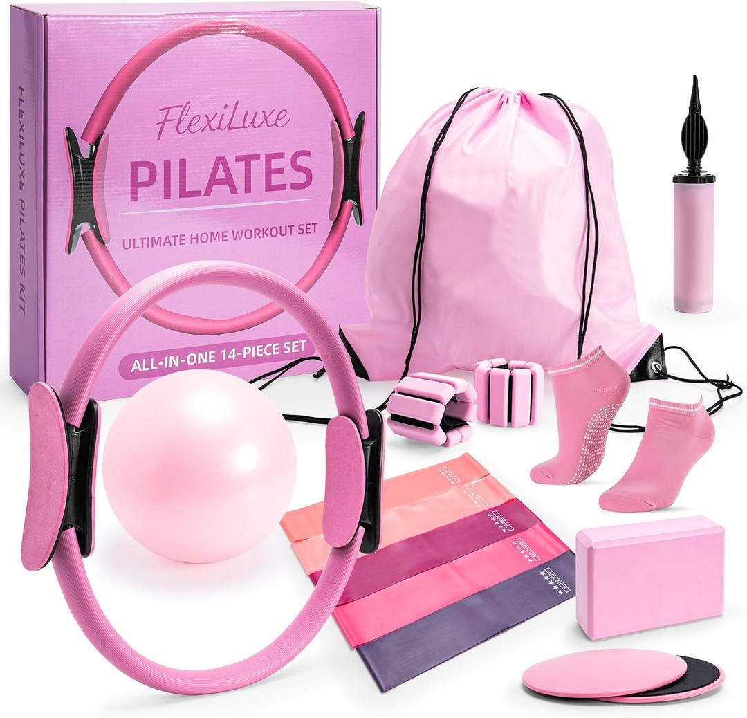 14-Piece Pink Pilates Kit for Women | Yoga Blocks | Magic Circle | Pilates Ball | Ankle Weights | 5 Resistance Bands | Pilates Sliders | At Home Pilates Kit | Beginner Pilates Equipment Set
