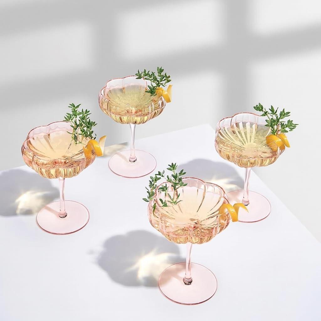 Khen Flower Modern Wavy Glass Coupes Martini, Champagne & Cocktail Coupes - Set of 4-7.7oz Colorful Cocktail Glasses & Prosecco, Mimosa Glassware Copyright Design - Blush Pink