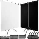 Black White Backdrop Screen with Stand Kit for Photo Video Studio Filming 5X6.5ft, Black Backdrop White Photo Curtain Background with T Shape Stand and 5 Spring Clamp for Photography Party Decorations