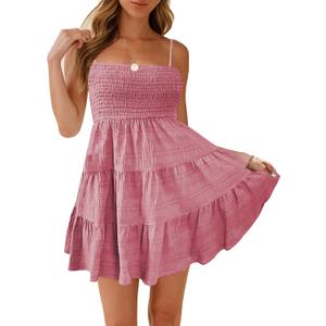 HVEPUO Women Spaghetti Strap Sleeveless Smock Cami Mini Dress Summer Vacation Flowy Boho A Line Swing Short Dresses for Women (Pink)