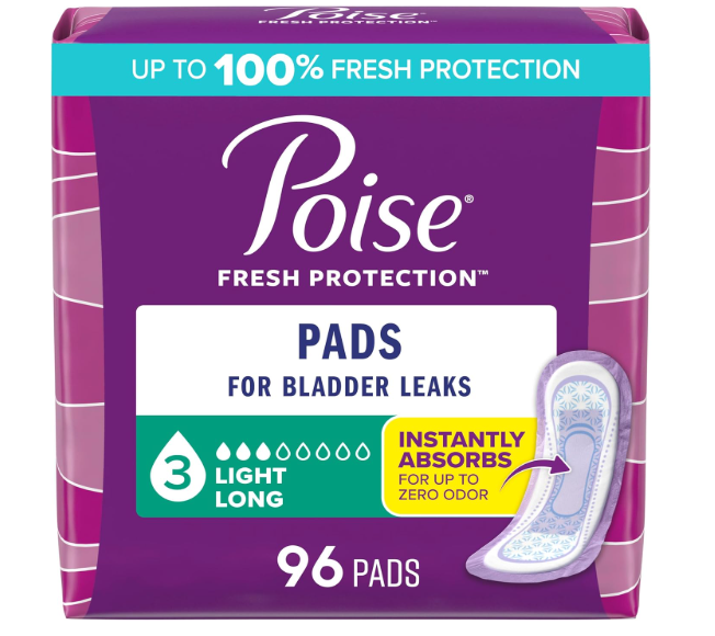 Poise Incontinence Pads & Postpartum Incontinence Pads, 3 Drop Light Absorbency, Long Length, 96 Count (4 Packs of 24)