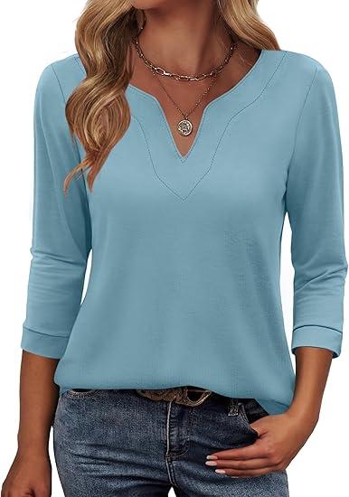 ANRABESS Womens 3/4 Length Sleeve Tops V Neck Basic Tee Shirts 2025 Spring Summer Dressy Casual Tunic Blouses Outfits Lake Blue Small Size S