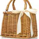 QTMY Bow Rattan Woven Bag Straw Bags Top Handle Wicker Baskets Handbags Boho Style Beach Bag Flower Basket