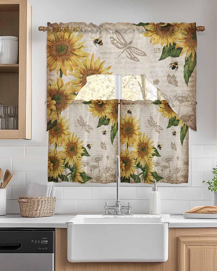Yellow Sunflower Kitchen Curtains Sets for Windows 3 Piece, Summer Bee Kitchen Curtains and Valances Tier Set 36 Inch Length Farmhouse Vintage Dragonfly Swag Curtain for Living Room Cafe Bath Bedroom