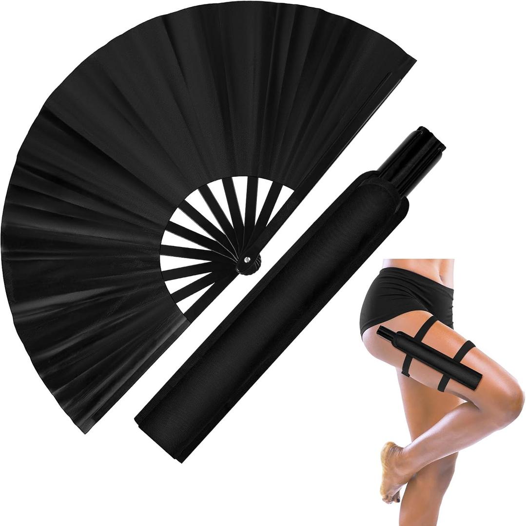 13" Large Rave Fan with Holster Clack Folding Hand Fan for Men Women Rave Edm Festival Line Dancing Party Gift (Black)