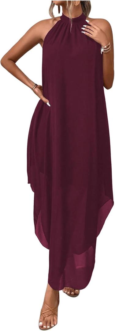 Verdusa Women's Wedding Guest Dress Halter Flowy Chiffon Asymmetrical Long Summer Prom Dress Rust Brown X-Large