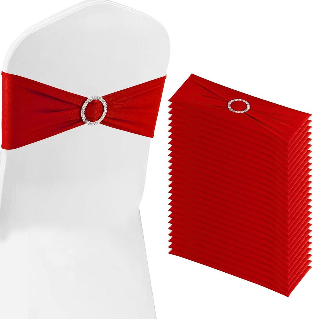 Red Chair Sashes 50 Pack Spandex Stretch Chair Band Sashes with Buckles for Folding Chairs Wedding Party Reception Baby Shower Events Banquet Decorations