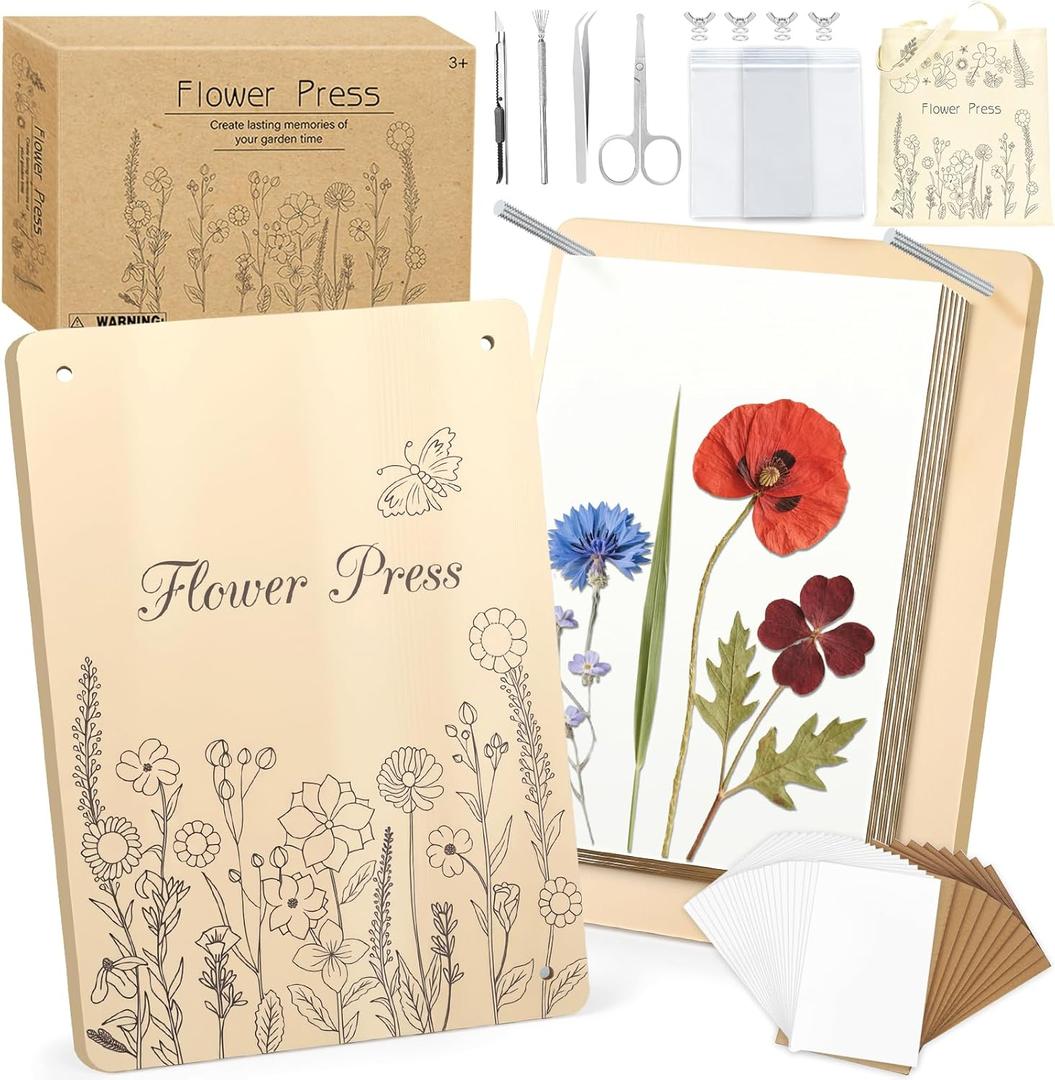 Dreamon Large Flower Press Kit - 11.8" x 8.3" 10 Layers DIY Wooden Flower Pressing Kit with Storage Bag Arts and Crafts Kits for Adults & Teens, Great Gift for DIY Arts and Crafts Lovers
