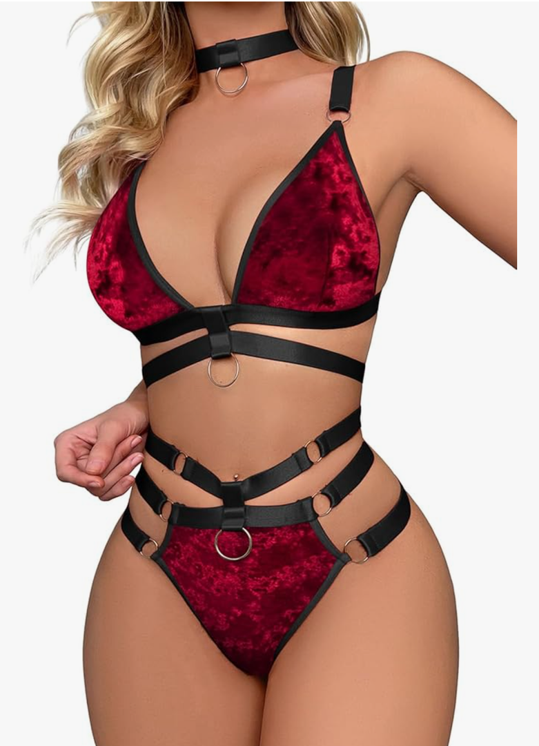 Lilosy Sexy Wireless Choker O Ring Linked Strappy Harness Lingerie Set Outfits 3 Piece