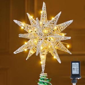 JOIEDOMI 7.8" Metal 3D Silver Glitter Star Christmas Tree Topper Decor, 56 LED Light with Plug Timer Ornaments Treetop Decorations Home Holiday Party Indoor