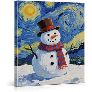 YJIKRTVT Snowman Christmas Canvas Wall Art, Holiday Snow Starry Sky Painting Artwork, Xmas Party Hanger Decor, Winter Snowman Painting Christmas Wall Decor for Living Room Bedroom 8x10 Inches