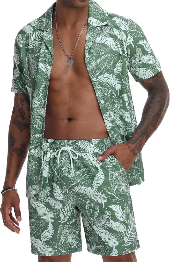 CRYSULLY Mens Hawaiian Two Piece Matching Sets Summer Vacation Beach Outfits Tropical Cruise Button Down Shirts and Shorts (X-Large, Green & White Leaf)