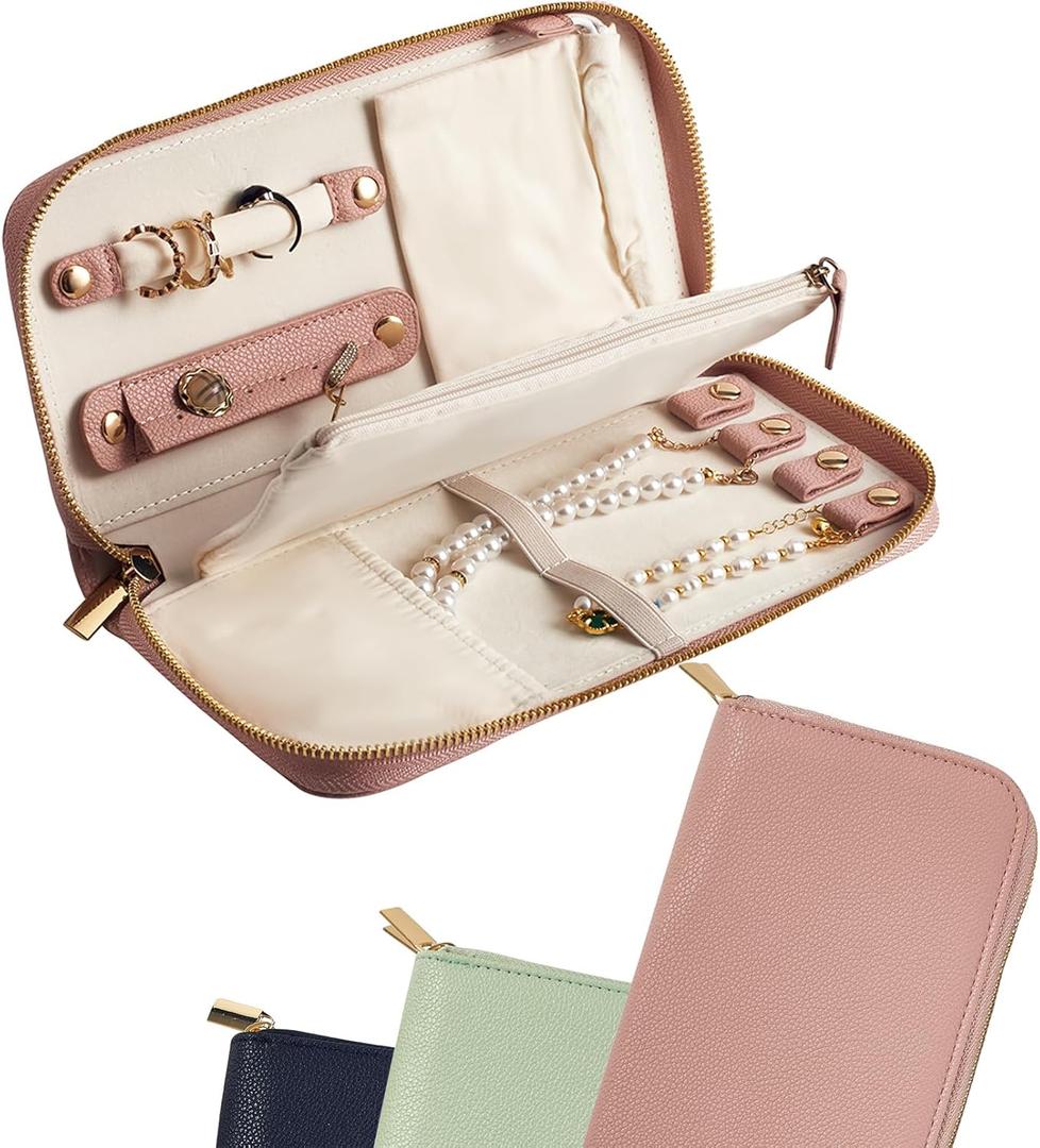 Travel Jewelry Organizer Case - for Tangle-Free Necklaces, Earrings, Rings, Bracelets Storage, Travel Essentials, Fashion Portable Jewelry Travel bags for Women - Medium Macaron Pink