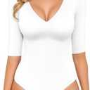 MANGOPOP Women's V Neck Half Sleeve Bodysuit 3/4 Sleeve Slim Fitted Body Suit Sexy Going Out Shirts Tops, L