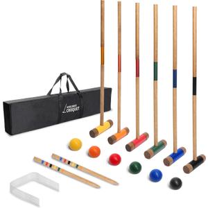SPORT BEATS Six Player Croquet Set RubberWood 32 Inch Mallets with Carry Case, 6 Balls, 9 Wickets, 2 Stakes for Backyard Outdoor Games (Brown)
