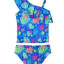 WhizBuzz Girls Bathing Suits Size 7-8 Years Old Purplish Blue Summer Beach Swimsuits One Shoulder Ruffle Swimwear