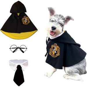 ANIAC 3PCS Halloween Dog Costume Cat Wizard Cape Glasses and Necktie Set Halloween Puppy Outfit Pet Academy Magician Cosplay Apparel for Kitten Cat Small Dogs (Black+Yellow, Medium)