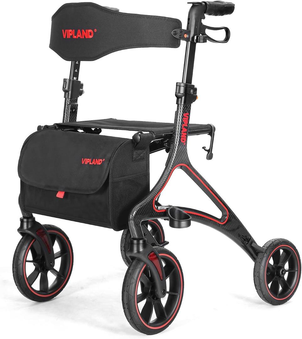 15lbs Carbon Fiber Lightweight Walker with Seat and Cane Holder
300lb Capacity Foldable Rollator Walkers, 10" Big Wheels, 5-Level Height Adjustment, All Terrain, Built-in Cable, Storage Bag