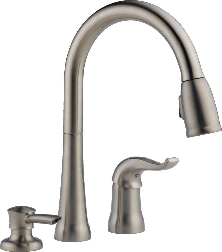 Delta Kate Brushed Nickel Kitchen Faucet with Pull Down Sprayer and Soap Disperser, Modern Two Hole Kitchen Sink Faucet, Single Handle, Stainless 16970-SSSD-DST