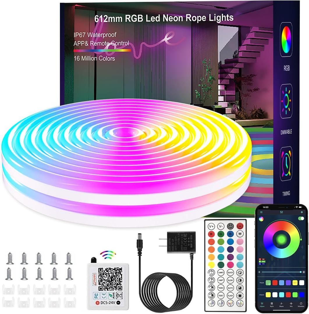 16.4FT Neon Rope Lights,RGB LED Strip Lights,App Control,IR Remote,Music Syncing,Outdoor IP67 Waterproof,Flexible Led Rope Lights,Cuttable,for Bedroom,Gaming,Party,Outdoors Decor