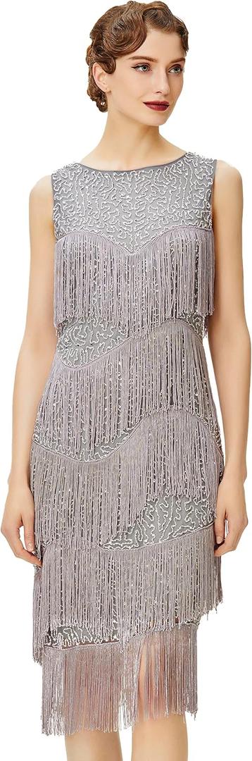 BABEYOND 1920s Flapper Dress Gatsby Fringed Dress Roaring 20s (Medium, Gray)