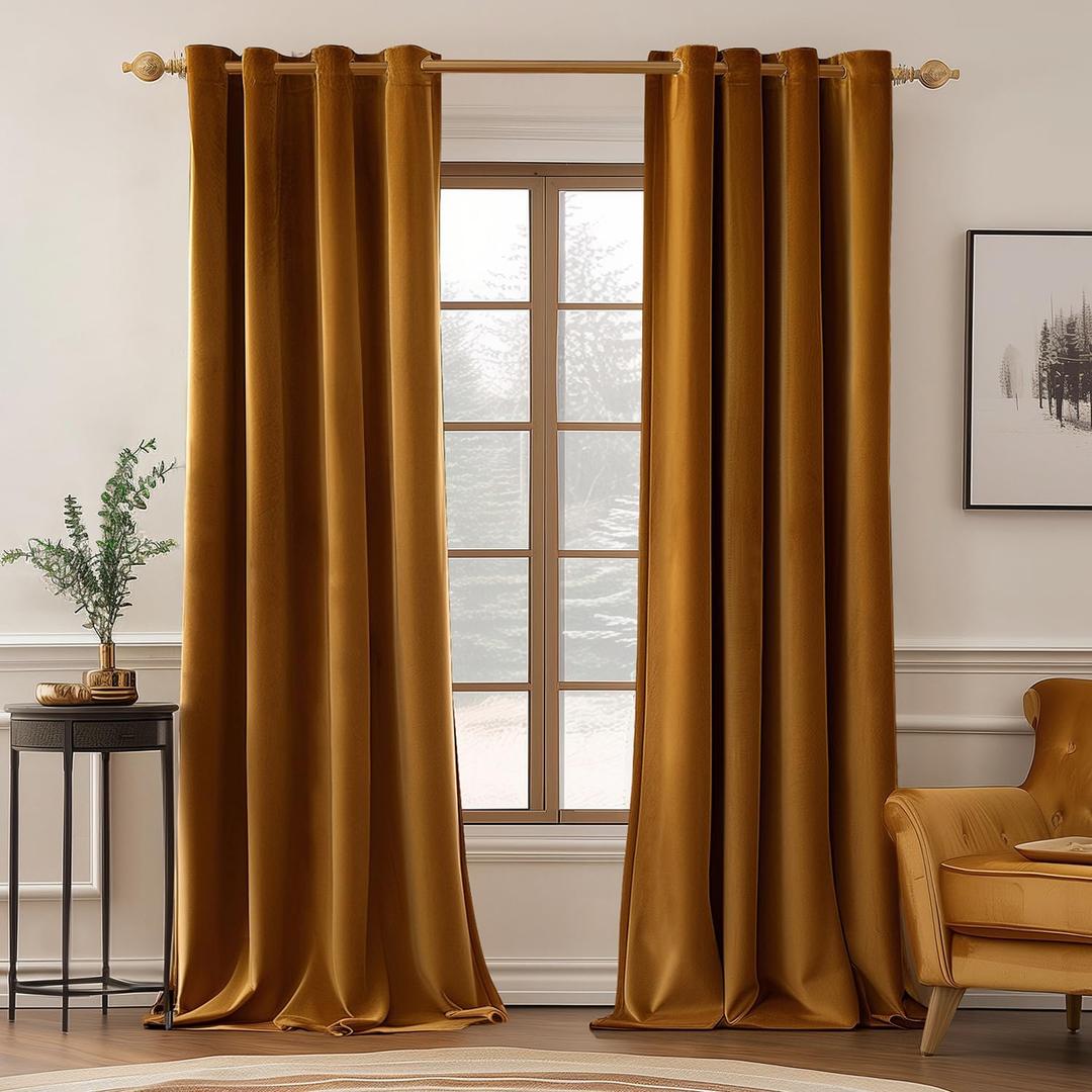 MIULEE Velvet Curtains Golden Brown Elegant Grommet Curtains Thermal Insulated Soundproof Room Darkening Long Black Out Drapes for Classical Living Room Bedroom Decor 52 x 96 Inch Length Set of 2