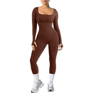 Popilush Jumpsuits for Women Long Sleeve Built-In Bra Square Neck Full Length Leggings Bodycon Stretch Workout Outfits (Medium, Brown)