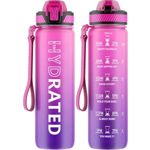 Water Bottle with Straw, 32oz Motivational Water Bottles with Time Marker to Drink, Tritan BPA Free, 1L Sports Water Bottle with Carry Strap LeakProof for Women Gym Fitness Outdoor(Purple Rose)