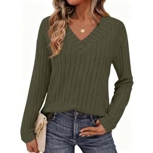 PRETTYGARDEN Fall Fashion 2026 Long Sleeve Shirts for Women Ribbed Knit V Neck Dressy Casual Lightweight Sweaters Tunic Tops (Green, S)