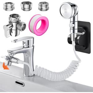 Sink Handheld Shower Kit with 9.8ft Telescopic Hose, Kitchen Bathroom Faucet Sprayer Attachment with 3 Adapters M22 M24 G1/2, for Hair Washing, Baby Shower, Pet Shower (Faucet Not Included) (White)