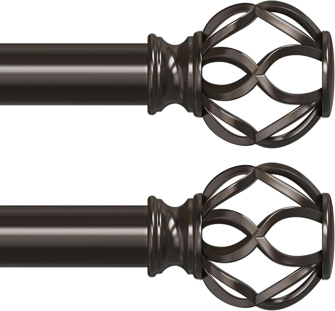 2 Pack Bronze Curtain Rods for Windows 48 to 84 Inch, 1" Adjustable Decorative Window Treatment Rods with Aluminium Twisted Cage Finials, Heavy Duty Metal Farmhouse Drapery Pole, Easy Install
