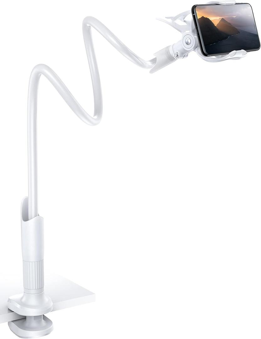 Lamicall Phone Holder, Gooseneck Mount, Compatible with 4-7'' Smartphones and Desktops, Adjustable Arm and Non-Slip Base, Easy to Install and Use (White)