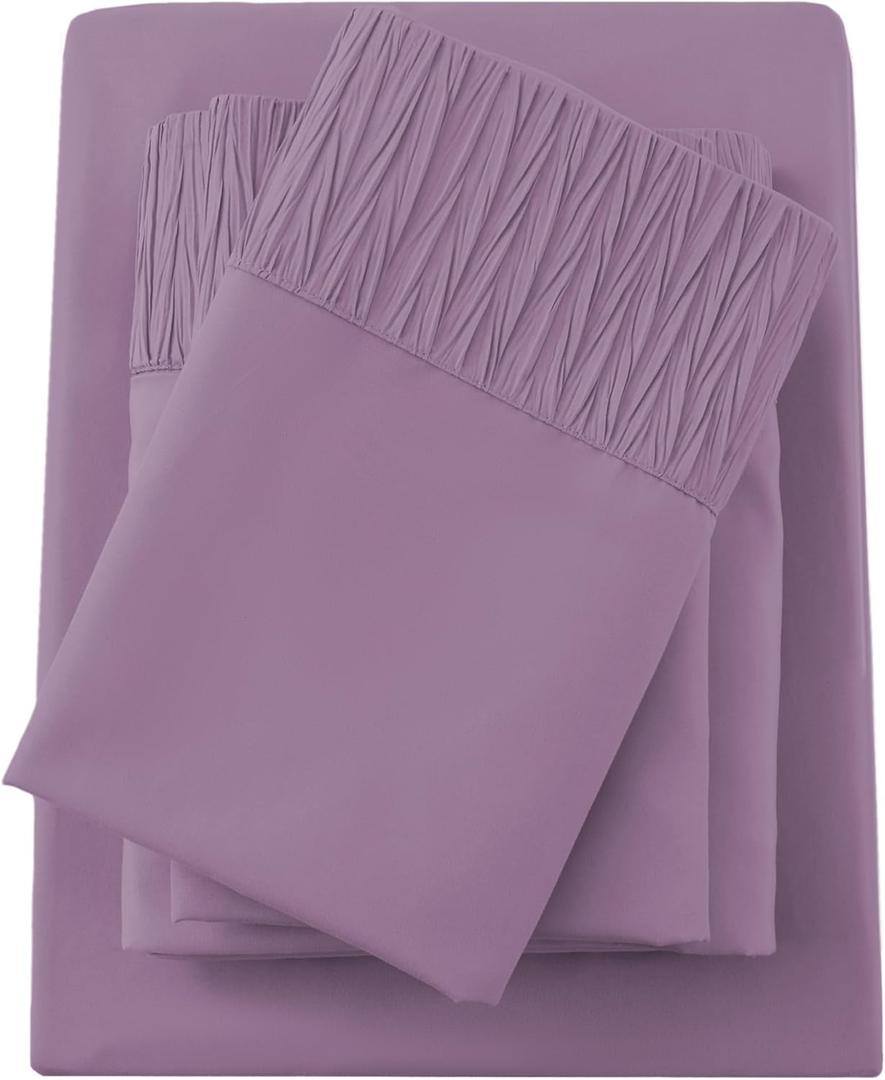 Twin Sheets, Soft Lilac Microfiber Cooling Sheets with Corner Straps, Plum Deep Pocket Luxury Hotel Cozy Bedding Set